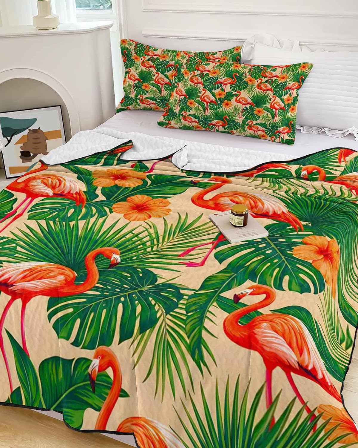 King Size Quilt Set, Cute Flamingo Tropical Leaves Lightweight Bedspread Coverlet Set Soft Microfiber Summer Quilt with 2 Pillow Shams, Summer Wild Flower 3 Piece Comforter Bedding Set