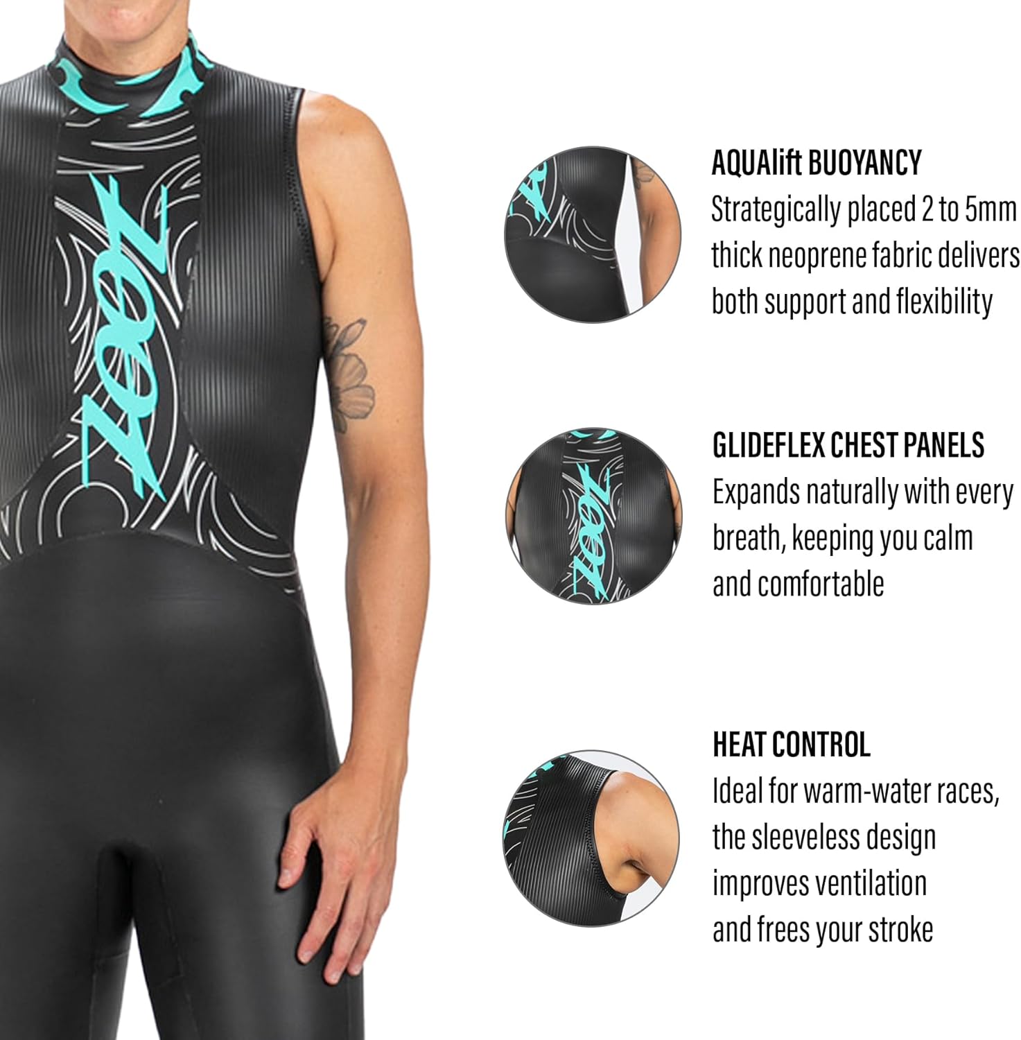Zoot Women’s Manta Sleeveless Wetsuit, Yamamoto Neoprene Triathlon Suit with Hydrophobic Finish, Buoyancy & Arm Mobility