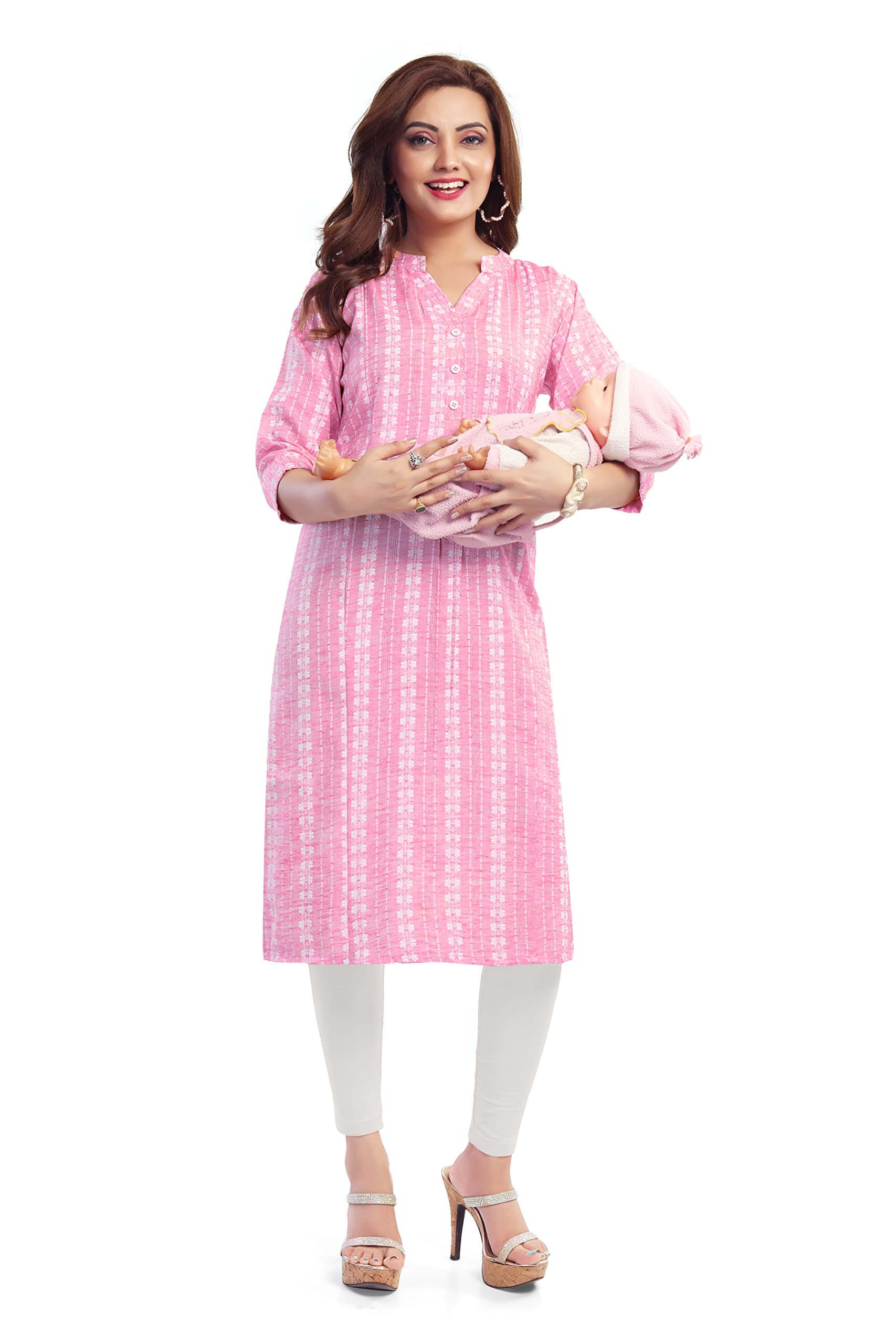 Women Cotton Blend Straight Maternity Kurti