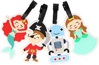 com-four® 4X Etichette per Bagagli - Etichette per Valigia realizzate in plastica Flessibile e in Colori Vivaci (04 Parti - Robot. Pirata. Principessa. Meerjungrau)