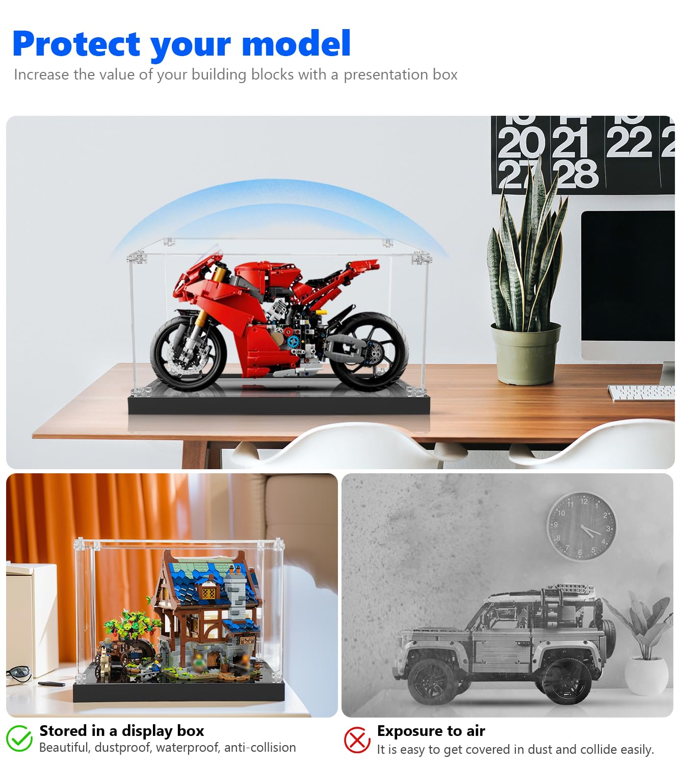 Acryl Vitrine kompatibel mit Lego 42130 Technic 1000 RR Motorrad-Modell, Staubgeschützte Aufbewahrung und Organisation Vitrine für Modell 42202/75953/ 21030/42159/42177/71391, 50x25x33 cm