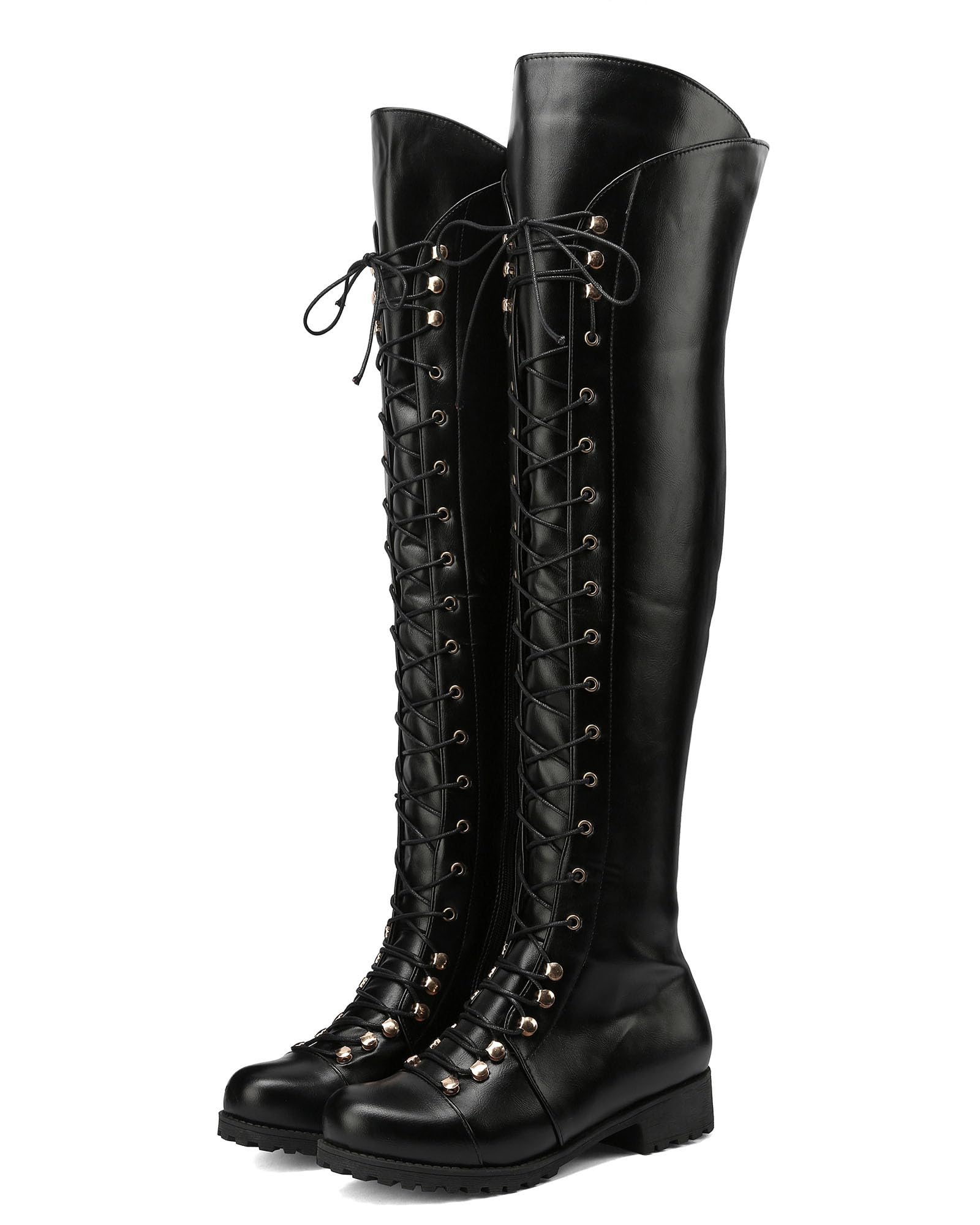 SHEMEE Womens Flat Combat Boots Over The Knee Lace Up Riding Motorcycle Boots Chunky Low Heel Thigh High