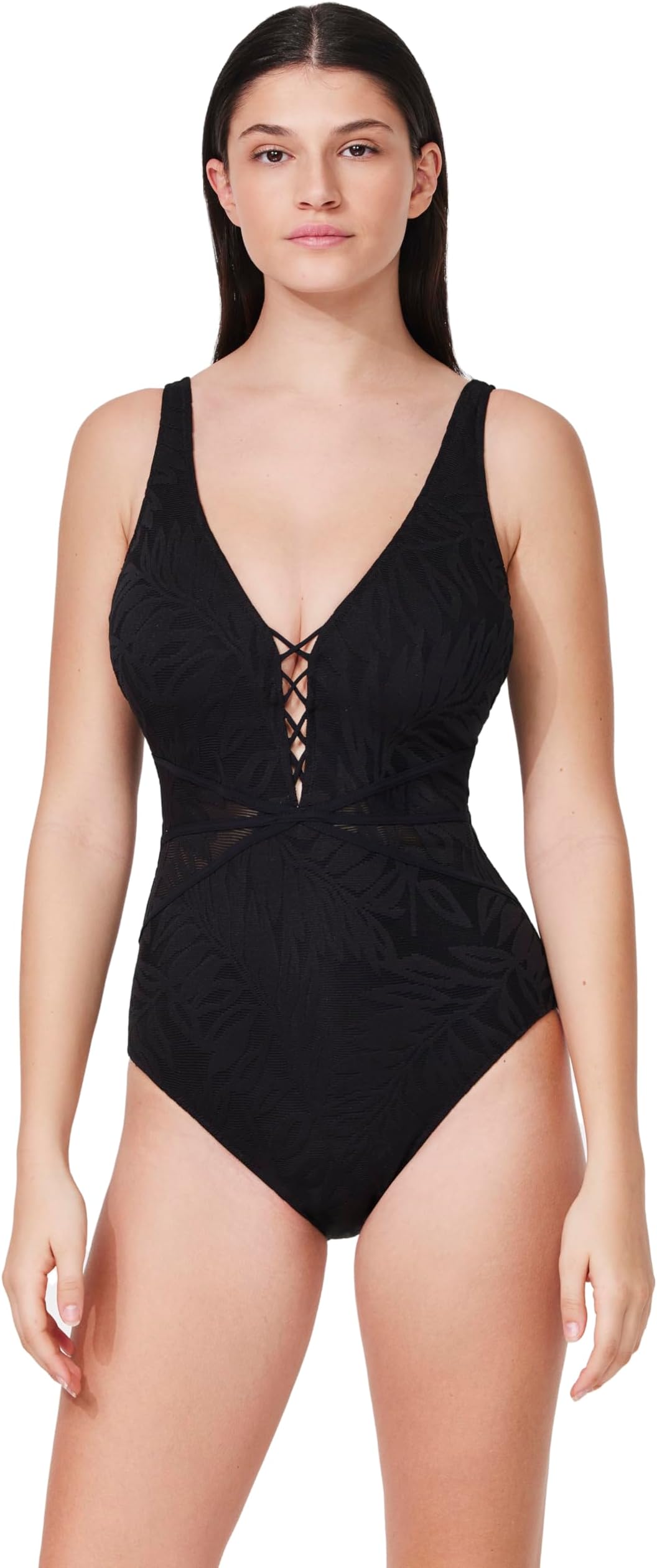 Textured V-Neck D-Cup One Piece - Front & Back Lining, Soft Cups, Adjustable Straps, Mesh Side Cutouts