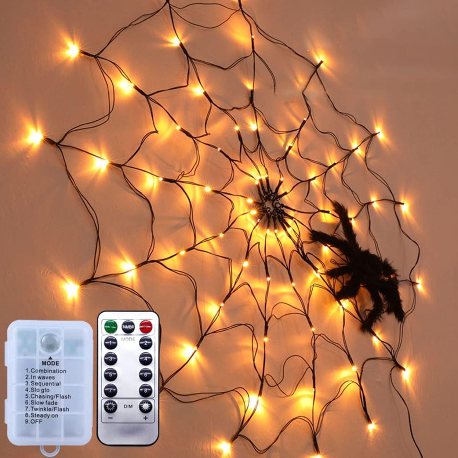 OYDAS halloween decorations Spider Web Lights with Black Spider, Halloween decorations,8 Modes 70 LED String Lights,Waterproof Light, for Party Yard Bar Haunted House Indoor&Outdoor (Warm White)