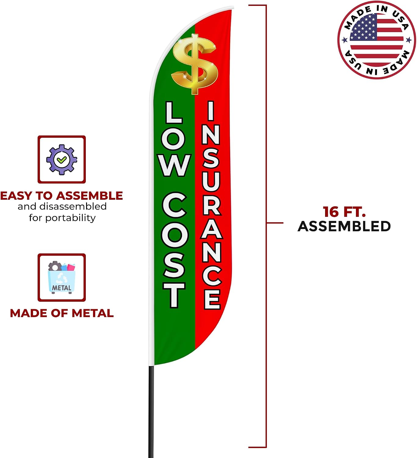 Low Cost Insurance Sign feather flag for Outdoor by Mavis Print | 11.5 FEET Long Polyester Outdoor Banner Flag for Easy Hang | HD Print Swooper I Flag Only for Insurance Advertising I Flag Only