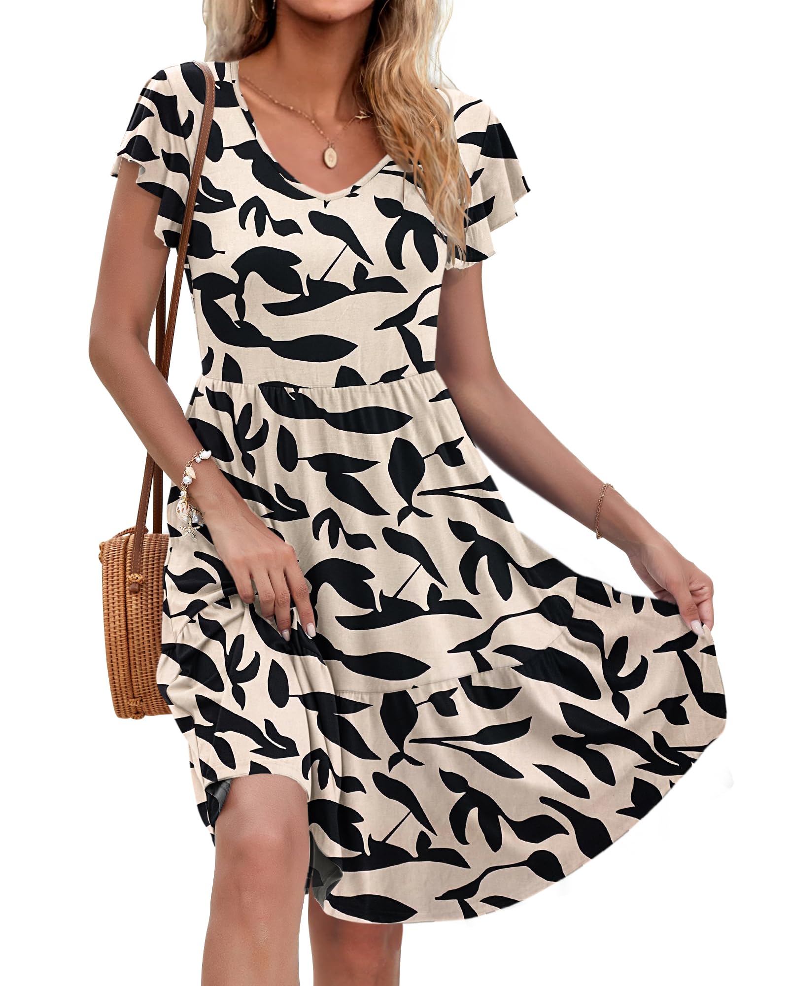 AUSELILY Damen Sommerkleid Rüschen Kurzarm Elegante V-Ausschnitt Kleider Swing Knielanges A-Linie Freizeit Strandkleid Gestuftes Kleider mit Tasche