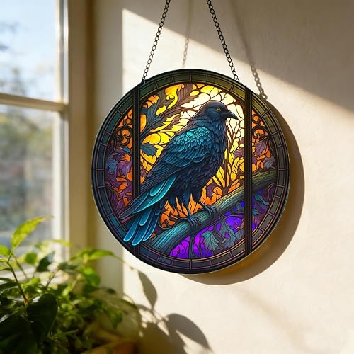 Raven and Crow Acrylic Window Hanging Glossy Finish, Crow Wall Decor Bird Gifts for Bird Lovers, Halloween Fall Decor for Home, Cafe, Office (11.8"/30cm)