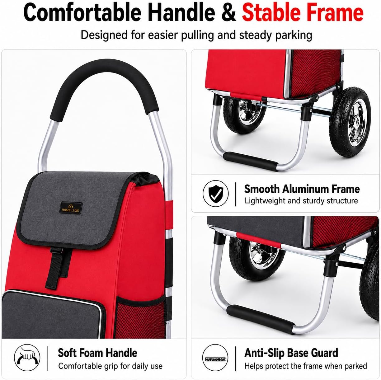 Premium Foldable Grocery Shopping Cart | Tall & Durable | Smooth-Rolling Wheels | All-Terrain (Red and Charcoal, 21cm EVA Wheels, EVA Heavy Duty Wheels + Standard Bag)