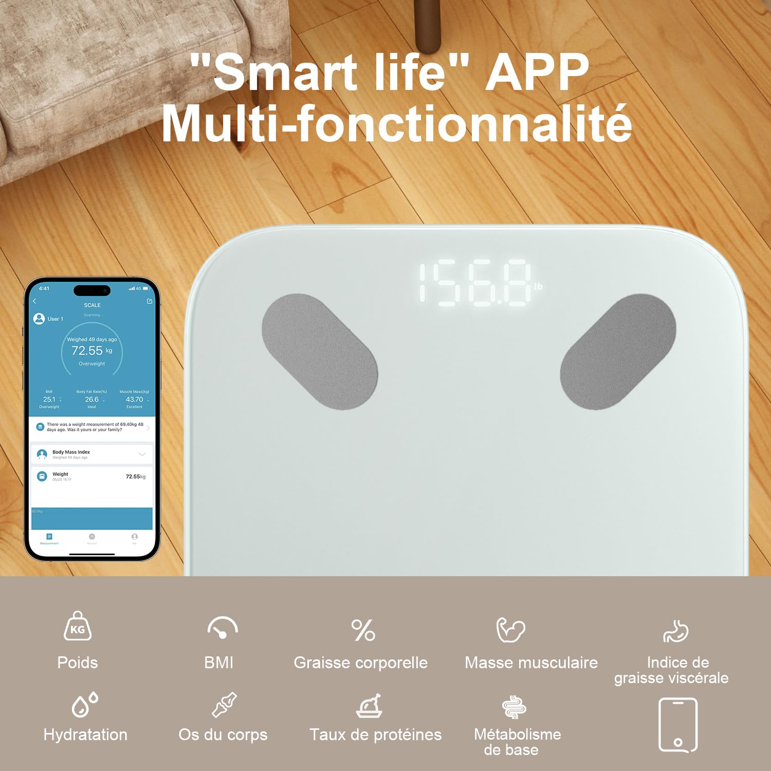 UNIWEIGH Balance intelligente pour le poids corporel,Balance de graisse corporelle Bluetooth pour salle de bain Moniteurs de composition avec APP,Analyseur pour IMC,masse musculaire,protéine,Max 400lb