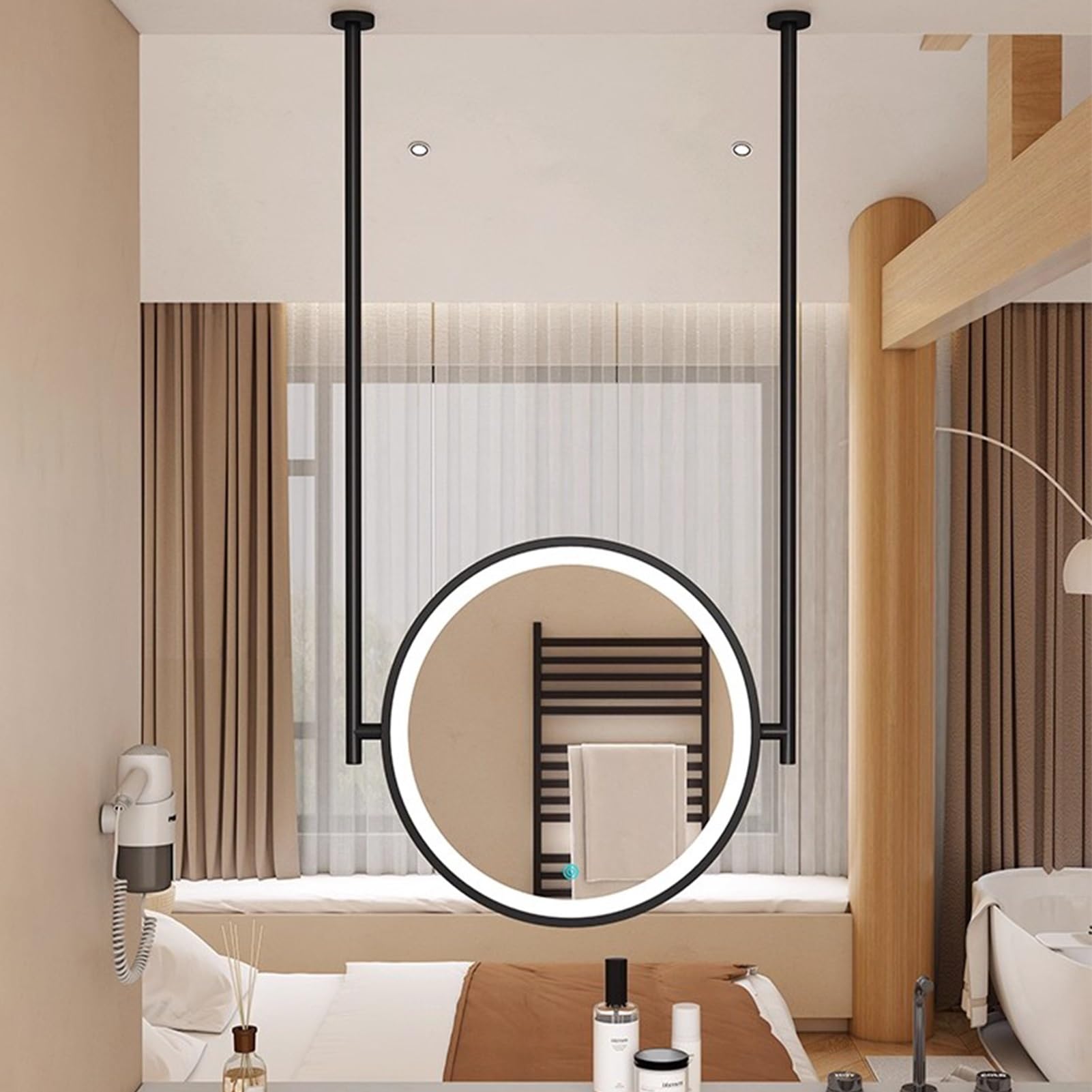 FGXHHS LED for Ceiling Hanging, Modern Round Decorative Shaving Mirrors with Metal Framed and Ceiling-mounted Boom, Black(Diameter-70CM/27.6INCH)