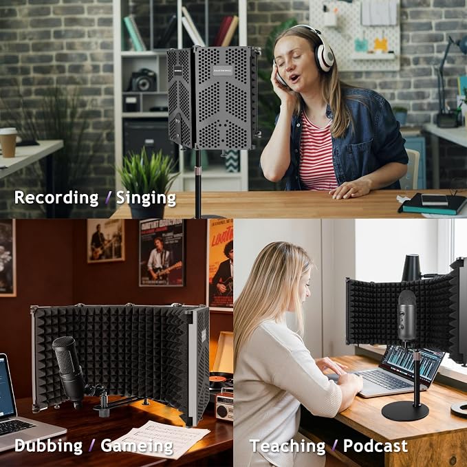 Microphone Isolation Shield, 5 Panels Sound Proof Mic Shield con soporte para micrófono, espuma absorbente de alta densidad para aislamiento de micrófono para estudio de grabación y cabina vocal miniatura 7