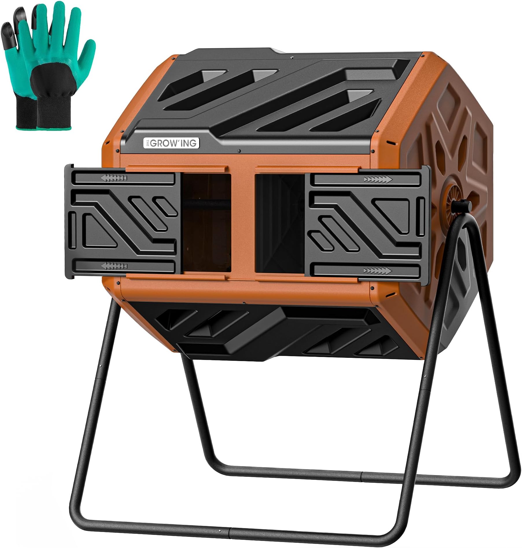 THEGROW'ING 43 Gallon Dual Chamber Compost Bin with Built-in Nuts, Outdoor Rotating Composter Tumbler for Garden Backyard, Orange