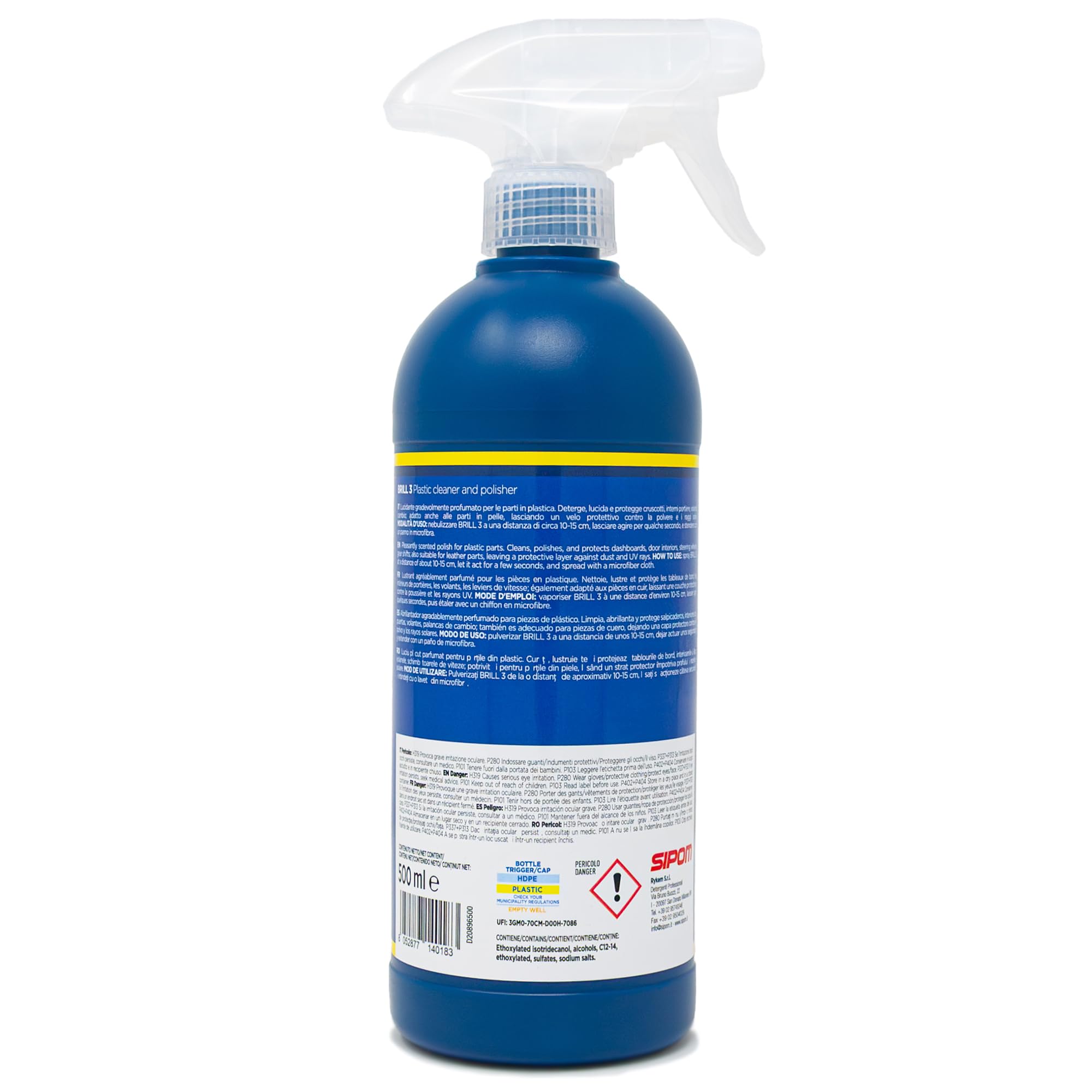 SIPOM BRILL 3 Lucida Cruscotto Auto 500 ml, Rinnova Plastiche Interne e Pannelli Porta, Detergente Interni Auto Antistatico, Protezione Anti UV, Made in Italy