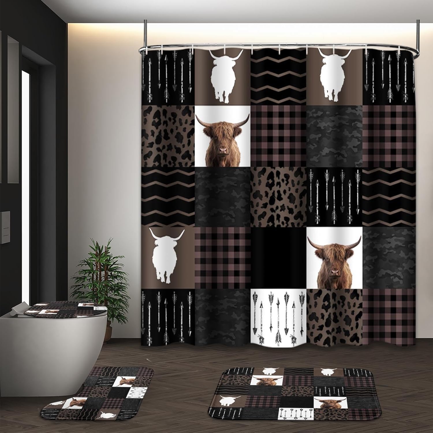Highland Cow Farm Brown Black Checked Shower Curtain Set with Toilet Lid Cover and Non-Slip Rugs, 4 Pcs Shower Curtain with 12 Hooks, Farmhouse Bathroom Set with Rugs and Accessories