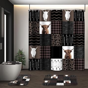 Bathroom Sets with Shower Curtain and Rugs, 4 Pcs, Highland Cow | Farmhouse Checked Brown Bathroom Decor Set with Toilet Lid Cover, Non-Slip Bath Mats and Accessories 12 Hooks