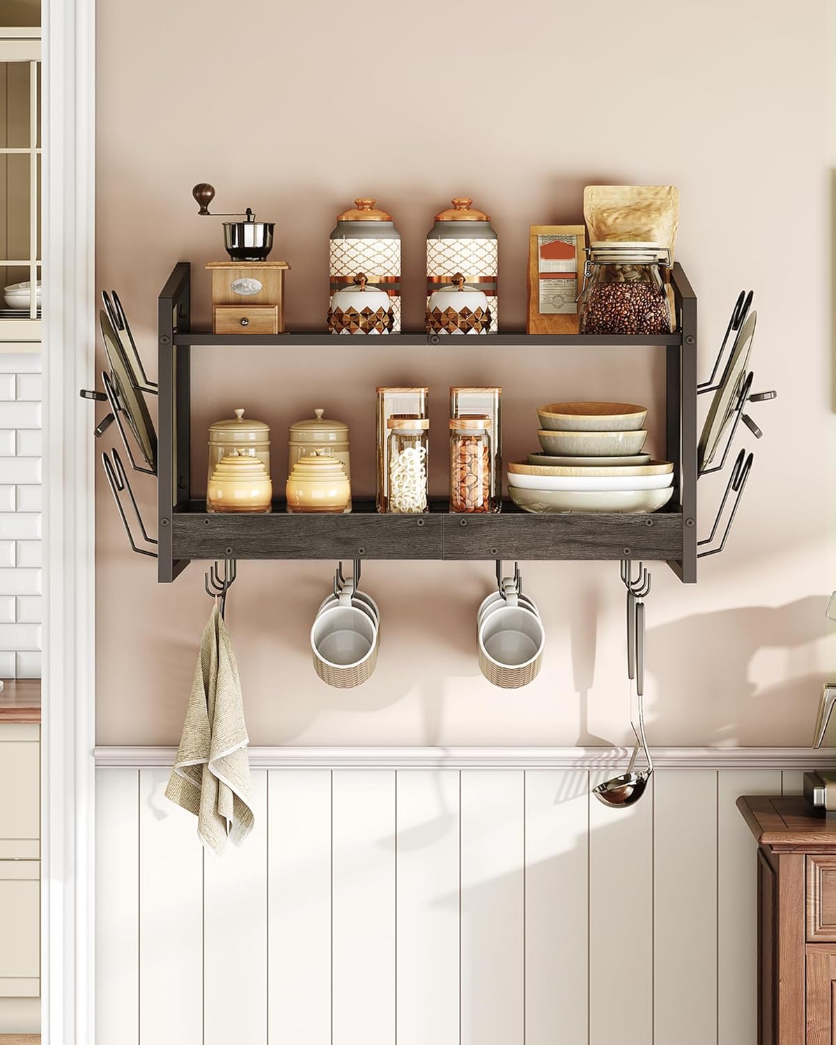 Hanging Pot Rack, Pot Rack Wall Mounted, 2-Tier Kitchen Pot and Lid Organizer, Wall-Mounted Cookware Holder with 12 Hooks, for Kitchen Storage of Pots, Pans, Utensils, Charcoal Black TPR02BC