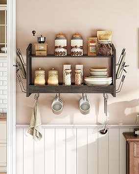 CHOEZON Hanging Pot Rack, Pot Rack Wall Mounted, 2-Tier Kitchen Pot and Lid Organizer, Wall-Mounted Cookware Holder with 12 Hooks, for Kitchen Storage of Pots, Pans, Utensils, Charcoal Black TPR02BC