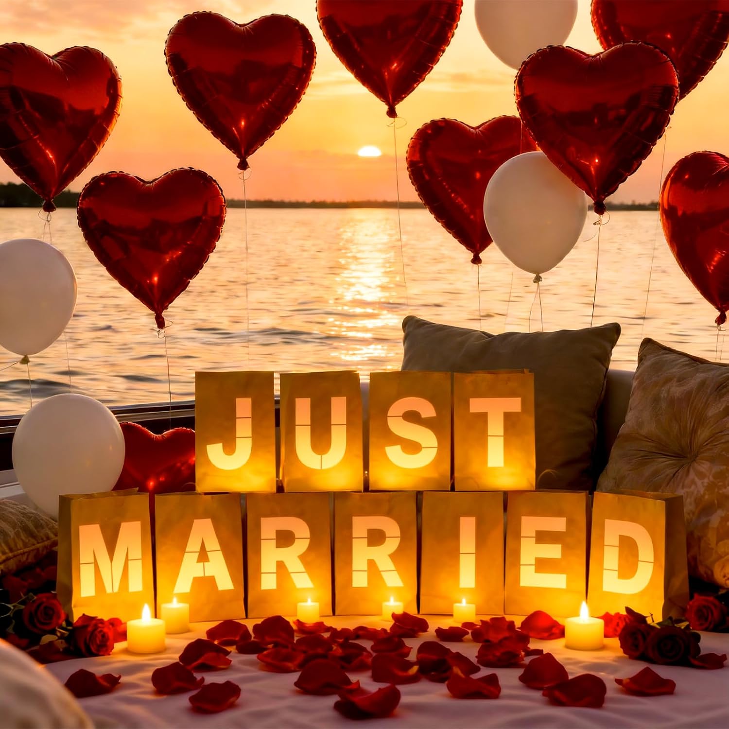 Just Married Light Up Letters, Include Light up Letters, with Tea Lights Candles, Latex Balloons, Aluminum Balloons and Rose Petals, Luminary Paper Bags for Just Married Banner and Decorations image 4