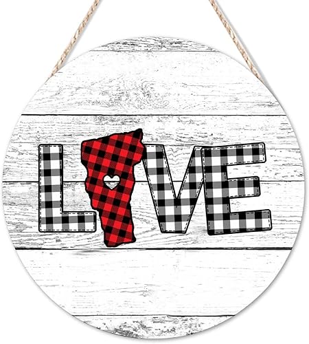 Welcome Sign Vermont Map Heart Love Round Wooden Sign Rustic Buffalo Plaid State Map Silhouette Sign Christian Quote Wall Decor Farmhouse Rustic
