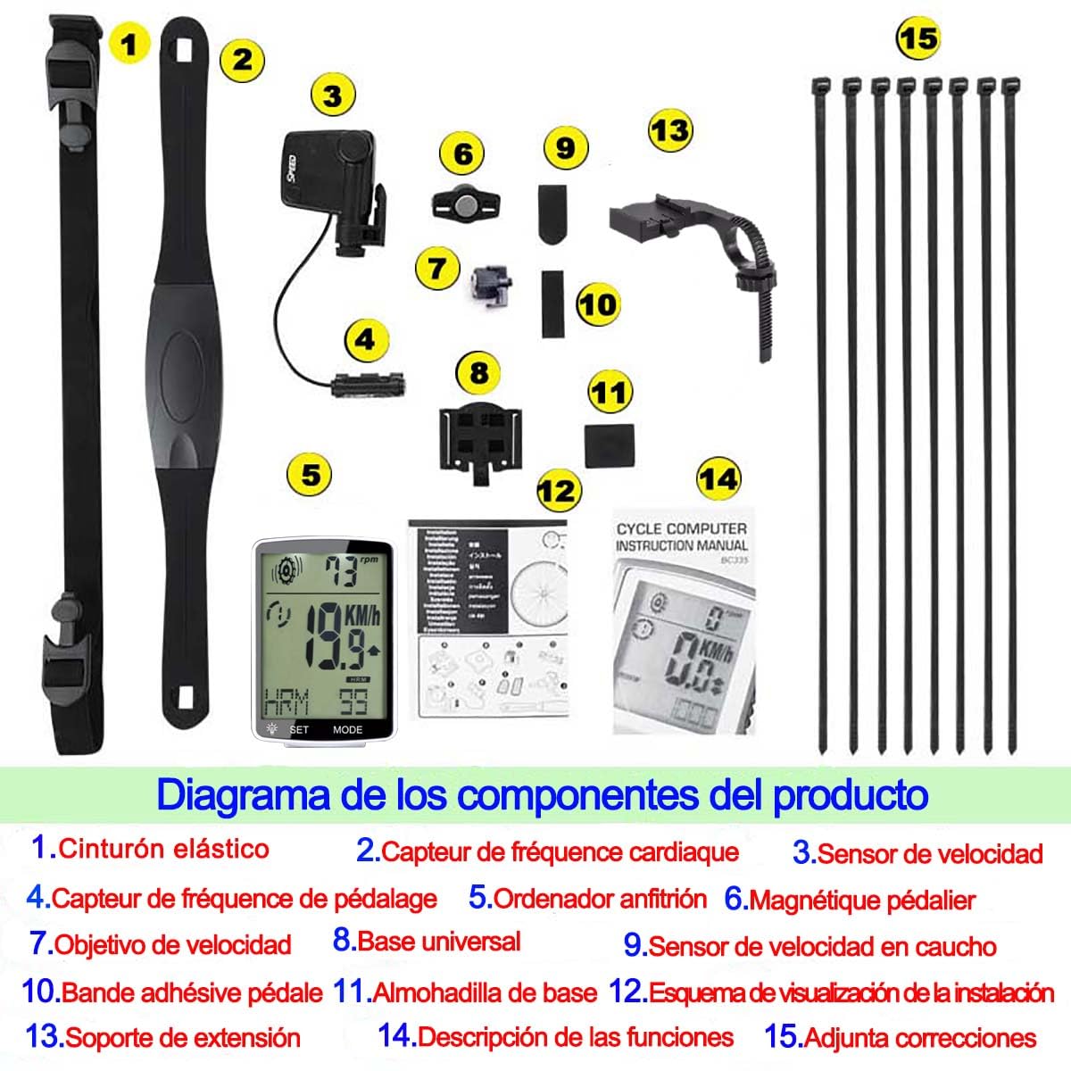 Compteur Velo sans Fil， Cardiofréquencemètre avec Compteur Velo et pédalier 3 - en - 1, 2,8 "LCD Clignotant vélo, boîtier Blanc avec rétroéclairage Blanc