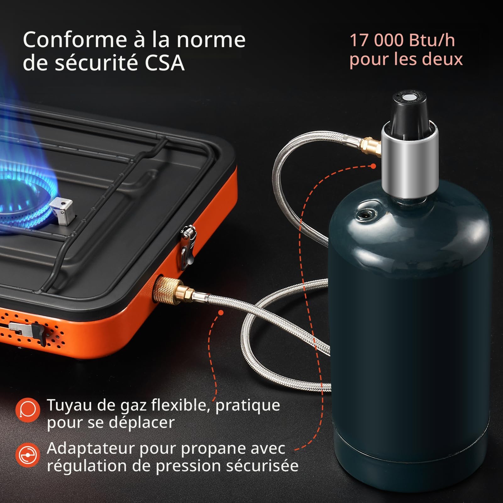 Réchaud de camping portable à 2 brûleurs, 17200 BTU avec pare-brise, réchaud à gaz pliable avec sac de transport pour camping, cuisine en plein air, barbecue et hayon (noir