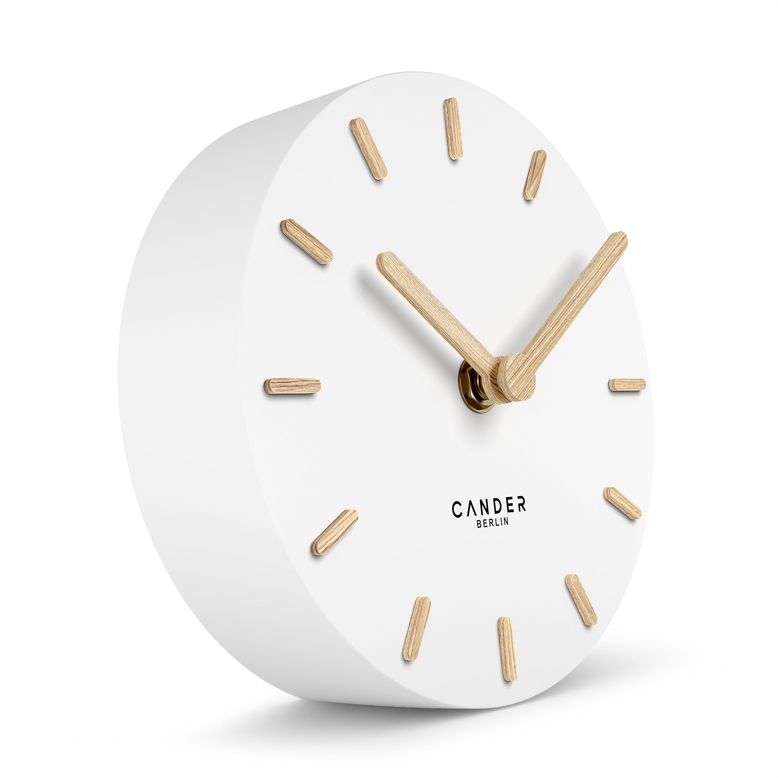 Cander Berlin MNU 2515 F - Reloj de mesa silencioso sin tictac, 15 cm analógico, a batería, color blanco, con puntero de madera MDF