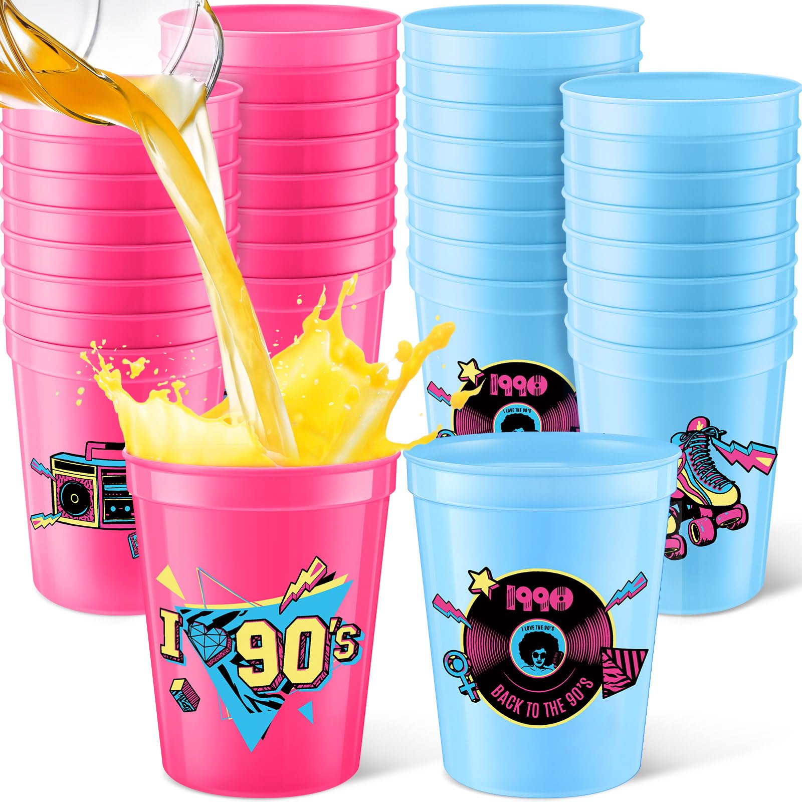 Funnymoom 24 Pcs 90s Theme Cups 16 oz Reusable Thick Retro Disco Party Plastic Drinking Cup Rose Red and Blue Retro Music Throwback Dance Party Decorations Birthday Supplies