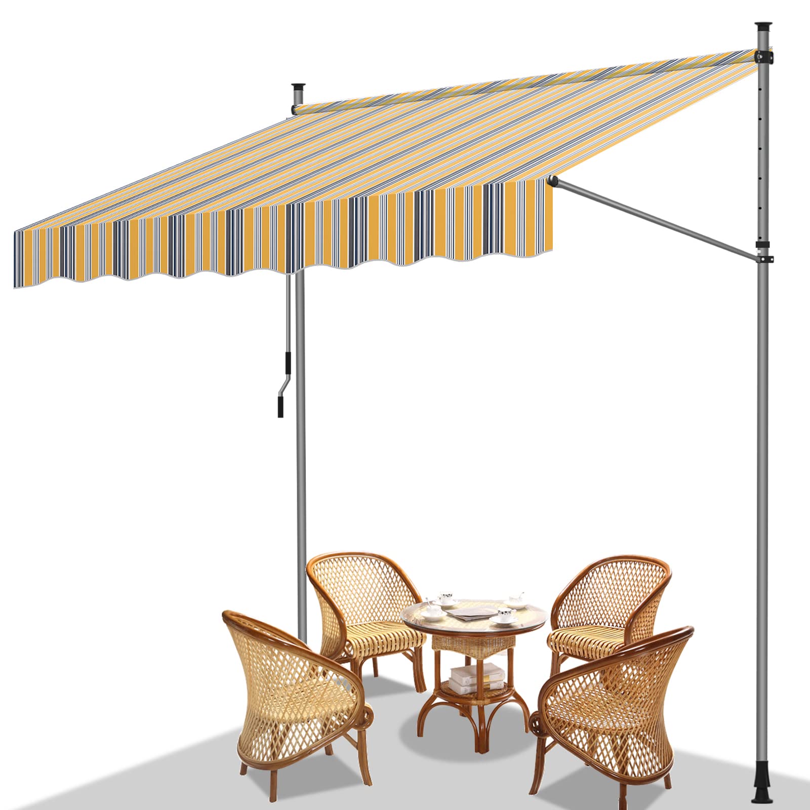 Fiqops Klemmmarkise Balkon 200x120cm Markise Einziehbar aus Polyester, Stahl Höhenverstellbar Markise mit Handkurbel, UV-beständig, Installation ohne Bohren für Balkon Garten Terrasse Gelb Blau