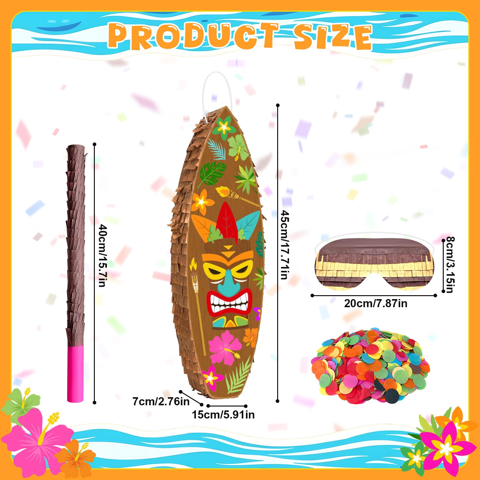 Tiki Piñata Surfboard Pinata Tropical Pinatas Hawaiian Luau Pinatas with Stick Blindfold Confetti for Tropical Pool Party Decorations Summer Birthday Party Supplies 17.7 × 5.97 × 2.76 Inches