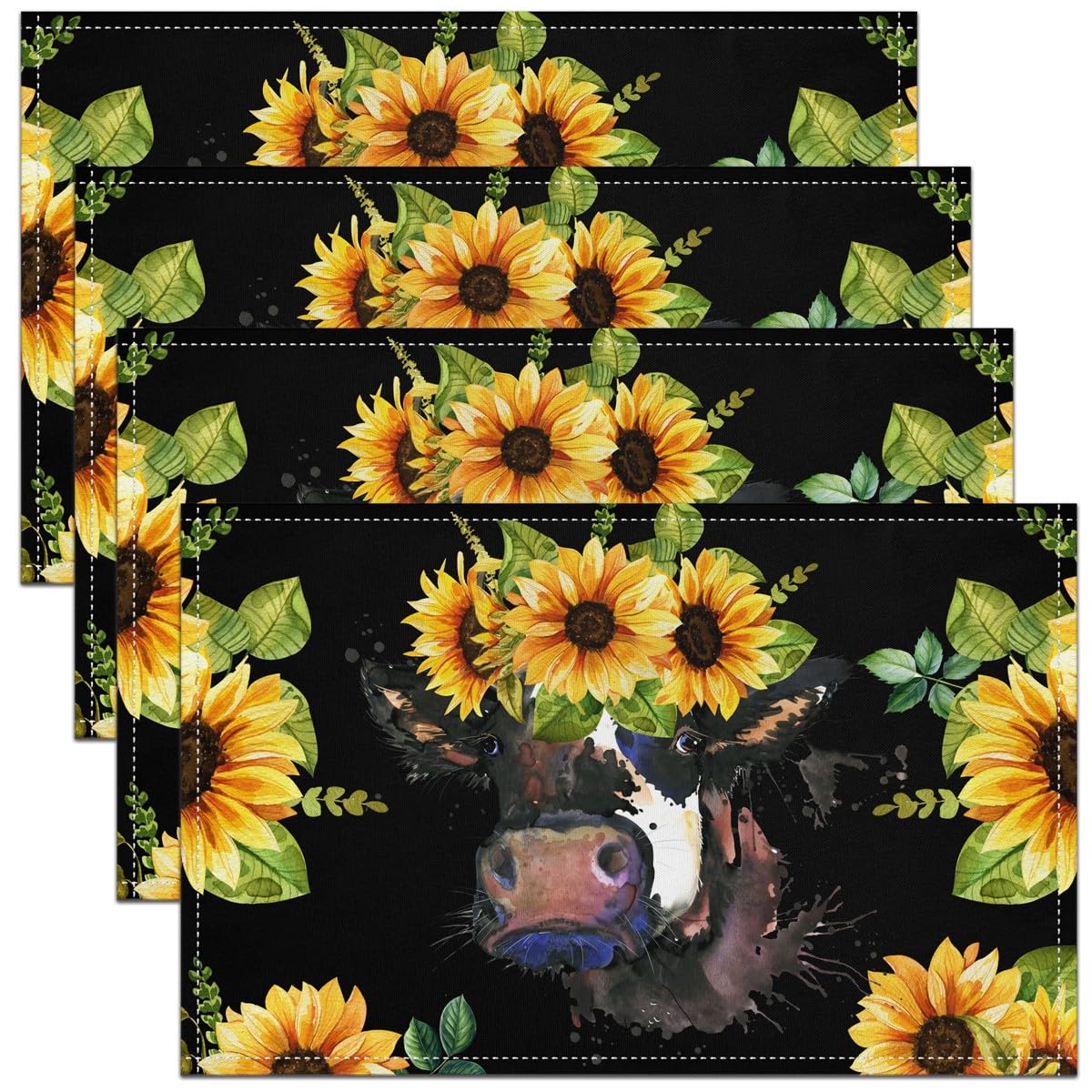 Cow Placemats Set of 4 45X30cm Kids Farmhouse Sunflower Placemats for Dining Table Indoor Outdoor Kitchen for Girls Boys Cute Farm Animal Floral Table Mats Placemat Watercolor Cow Kitchen Dining Table