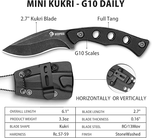Miniatura 6 de NedFoss Squirrel - Cuchillo pequeño de hoja fija EDC, cuchillo de cuello de 2.7 pulgadas con mango G10 y funda Kydex, clip de cinturón ajustable