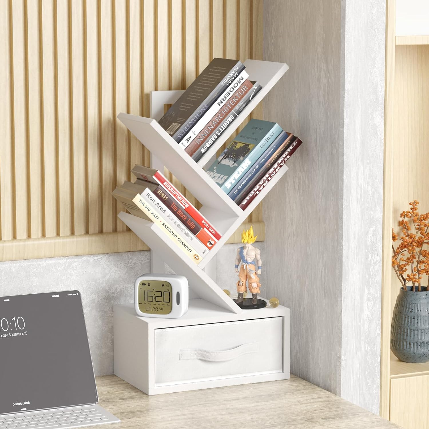 SHEEPAM Small Bookshelf with Drawer,4 Tier Tree Book Shelf,Wood Desk Bookshelves,Modern Free Standing Desktop Display Shelves,White Floor Standing Organizer Bookcase for Living Room,Bedroom,Office