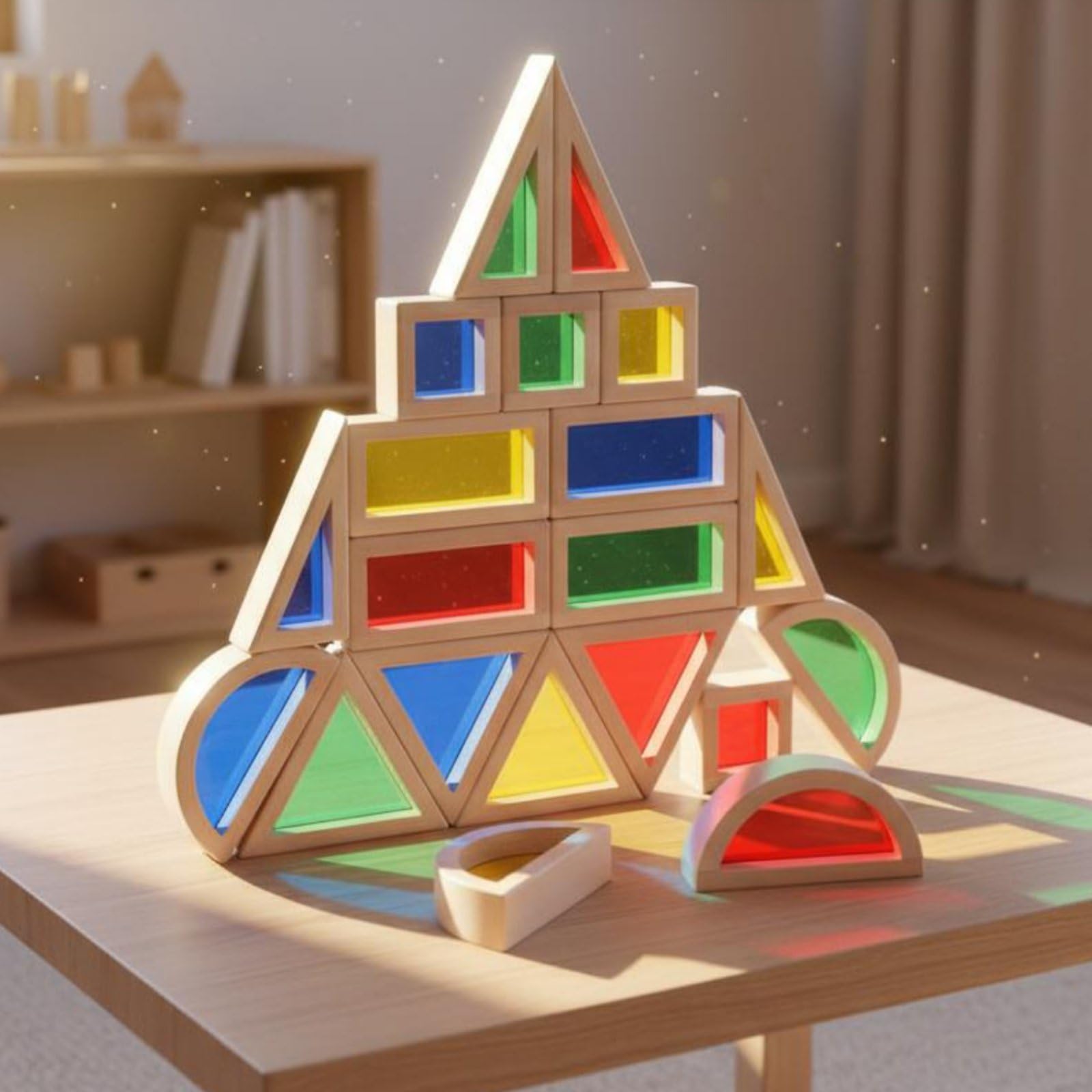 predolo 20 Pezzi Costruzioni in Legno Trasparenti Colorate Traslucido Blocchi Arcobaleno in Legno e Acrilico Bordi Arrotondati per Bambini 3+ Anni
