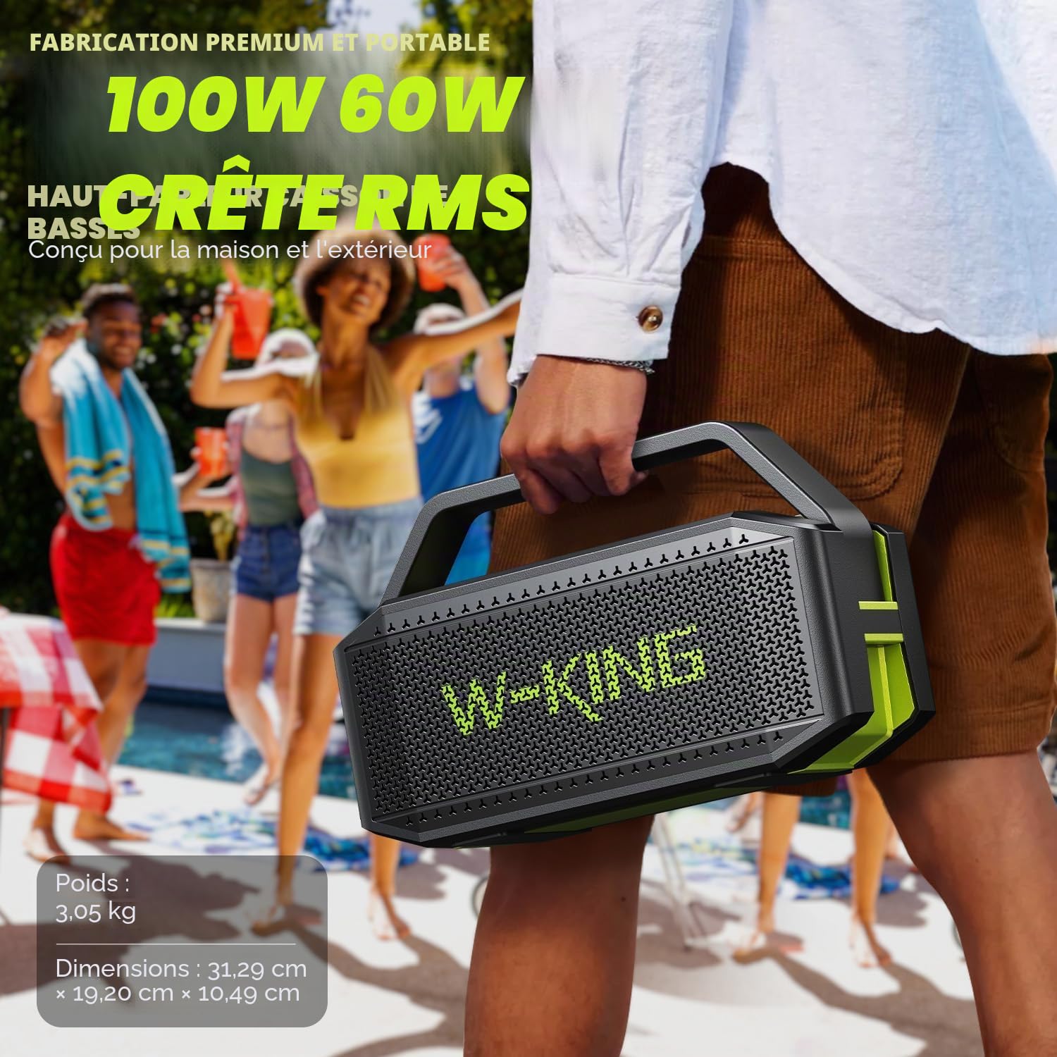 W-KING Enceinte Bluetooth Puissante, (100W Max)60W Haut Parleur Chantier Etanche Portable sans Fil Bluetooth Speaker Outdoor Boombox avec des Deep Bass, Powerbank, Autonomie 40 Hrs, AUX, Carte TF, EQ