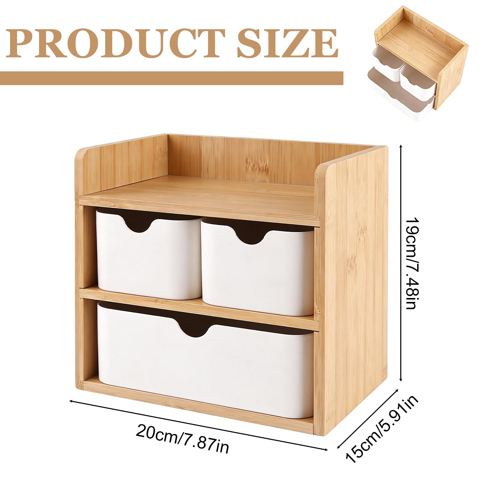Caja de almacenamiento de madera para escritorio, caja con 3 cajones, compacta con borde de protección, 14 x 20 x 19 cm, para oficina, hogar y escuela