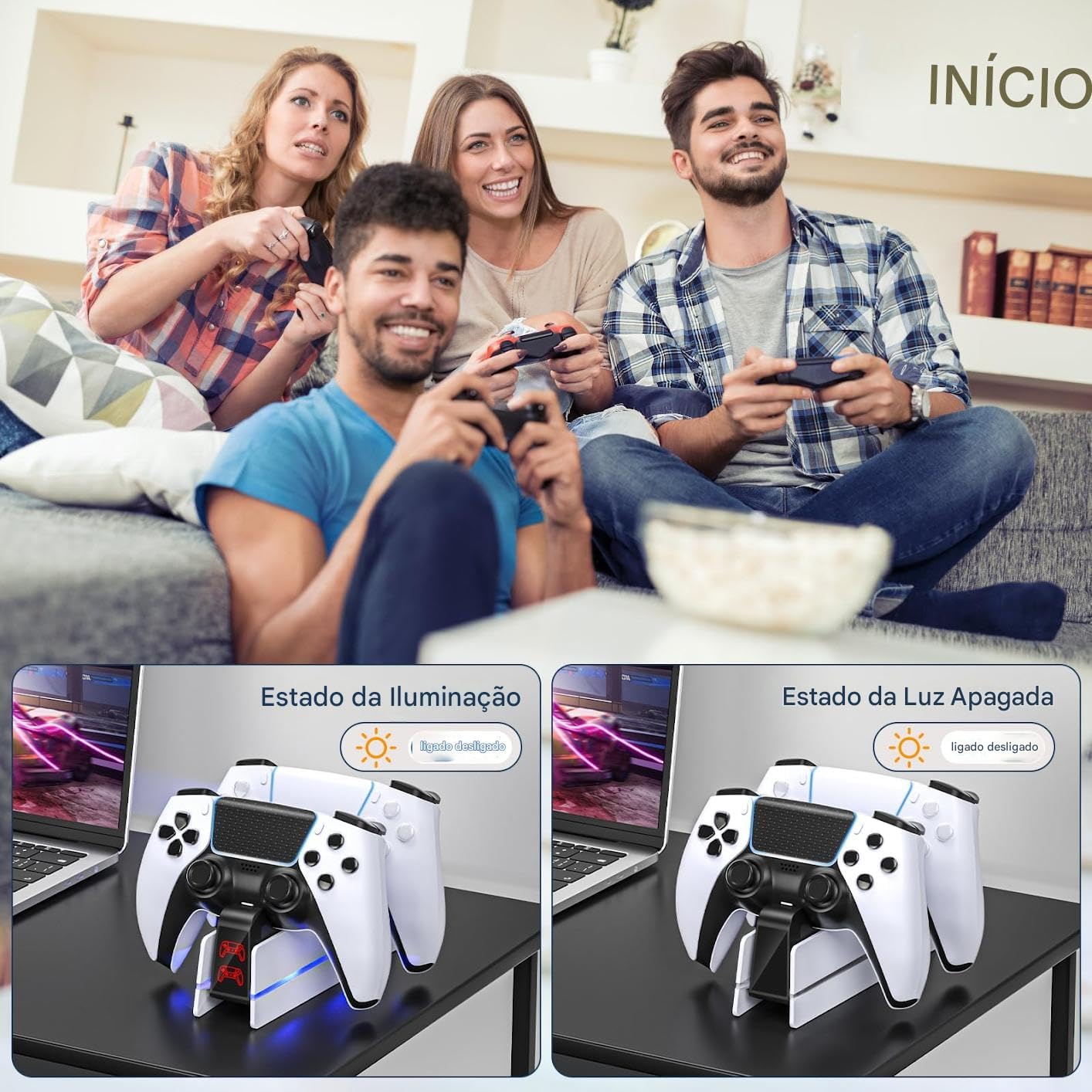 Carregador Duplo para PS5 Controles Wireless Dual Sense – Estação de Carregamento Rápido com Luz LED e Proteção Contra Sobrecarga
