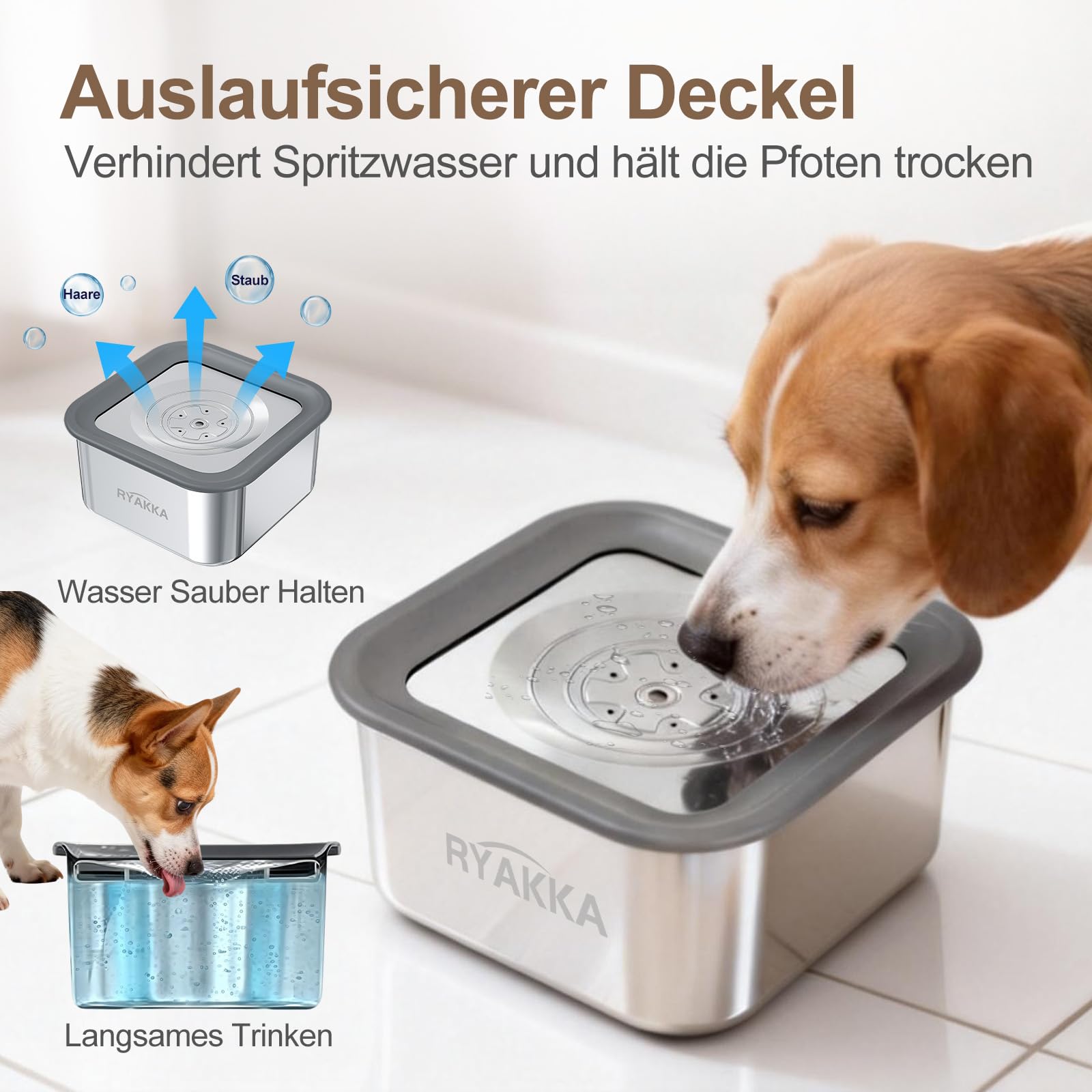 3L Wassernapf Hund Ohne Sabbern, 304-Edelstahl Trinknapf Hund Anti Schlabber mit Rutschfester Basis, Auslaufsicherer Hundenapf mit Silikonrand und Schwimmende Scheibe, Spülmaschinenfest