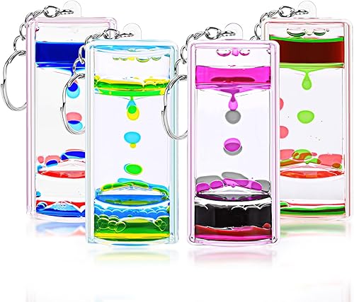 Miniatura 8 de Paquete de 4 llaveros coloridos con burbujas de movimiento líquido, temporizador líquido antiestrés para juegos sensoriales, llaveros de reloj de