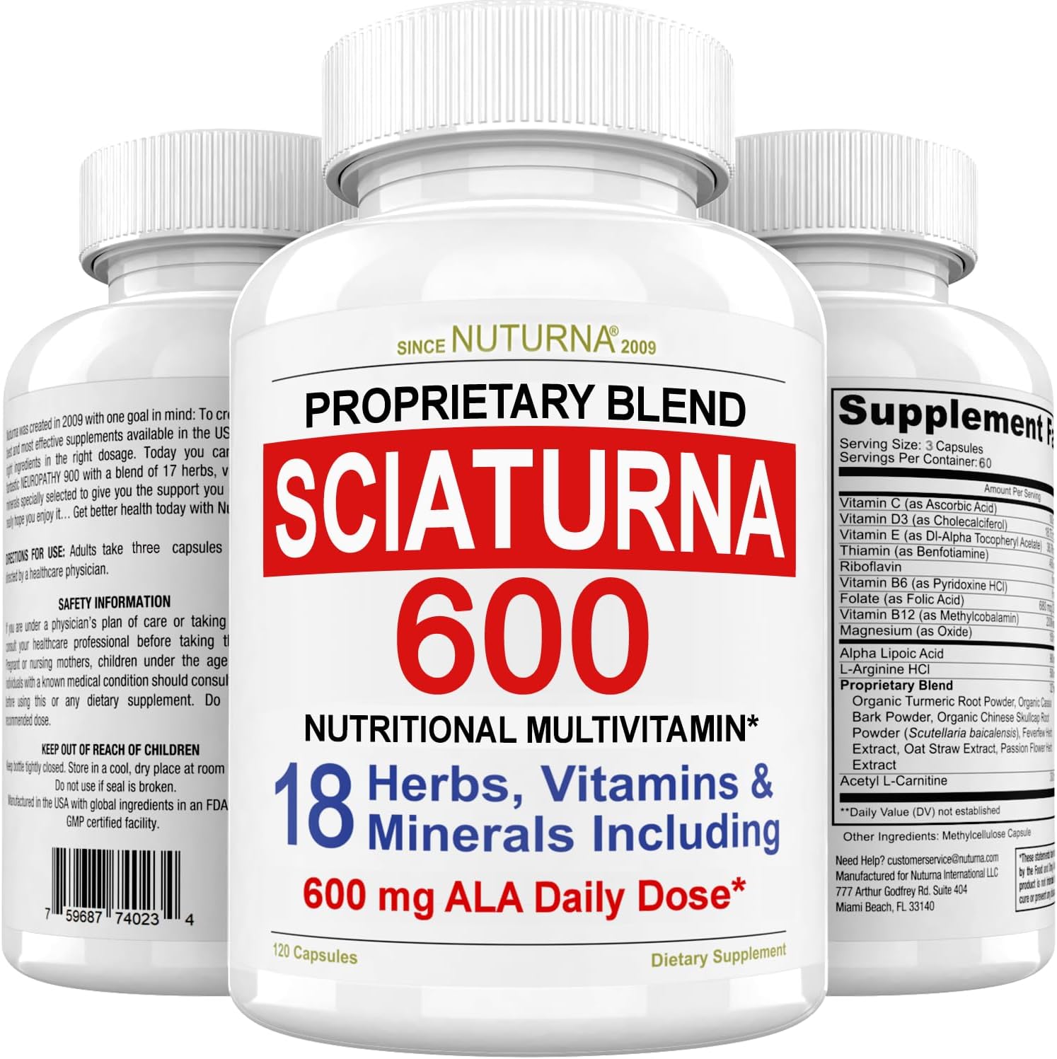 Sciatica Nerve Nutritional Blend with 600 mg Alpha Lipoic Acid - Natural Vitamins for Lower Lumbar, Back, Hip, Thigh, Leg, Foot - 120 Capsules