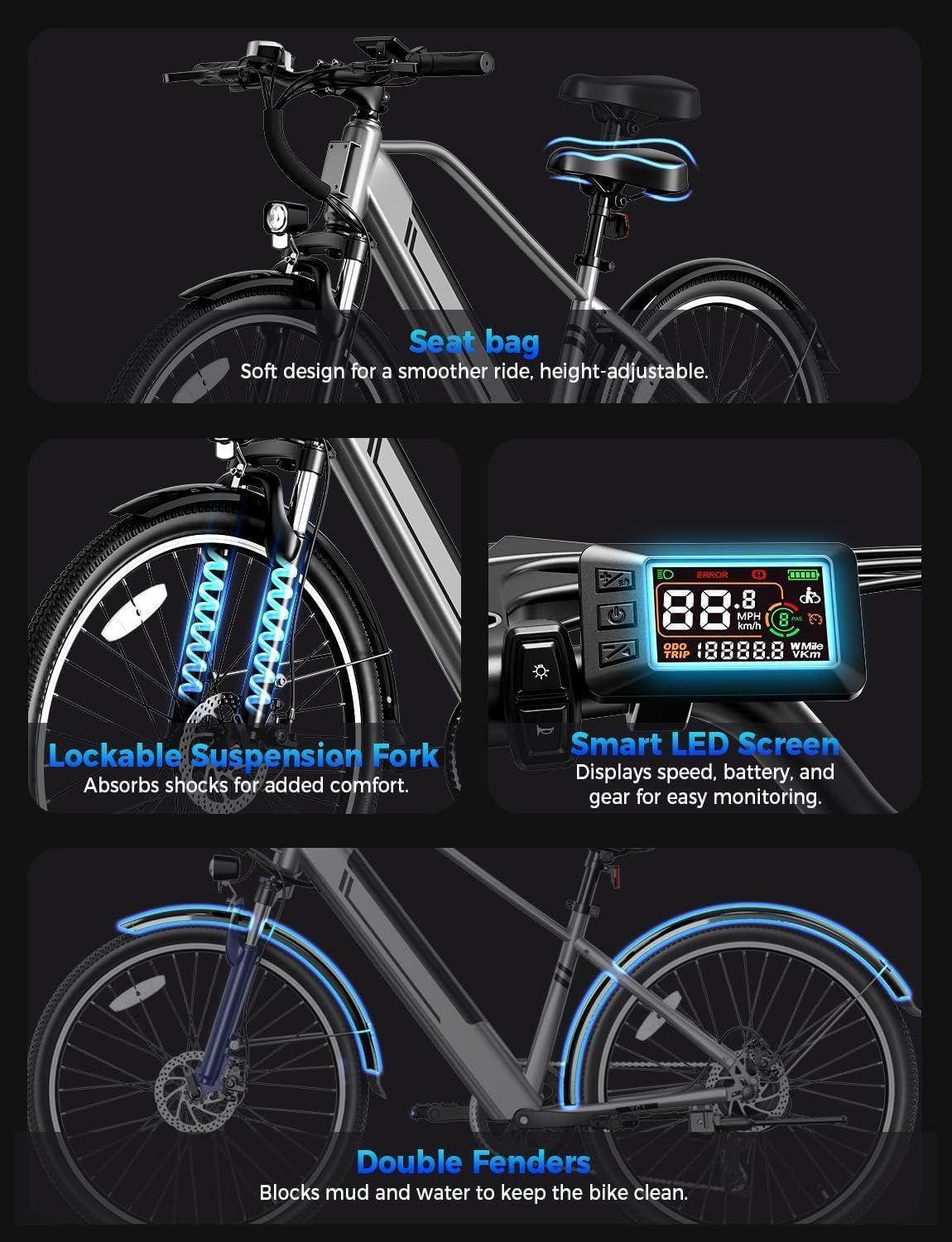 YC1 Electric Bike for Adults, 750W Peak Motor Commuter Ebike, E Bike Up to 40+ Miles, 23MPH Top Speed, 26'' Ebikes for Adult with 36V Removable Battery, 7 Speeds & Front Suspension for Outdoor Leisure