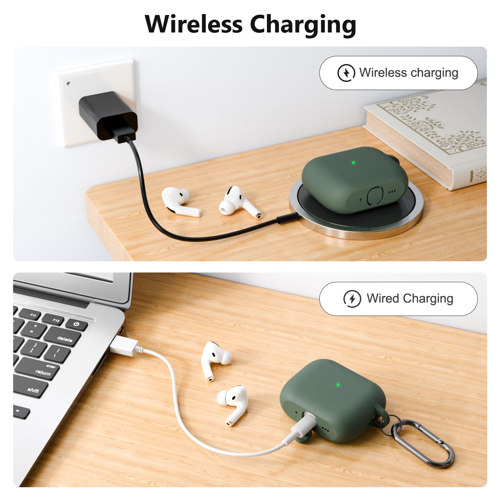 Custodia Case Compatibile con AirPods Pro 3 2025 con Kit di Pulizia, Case Cover Protettiva in Morbido Silicone per AirPods Pro 3ª Generazione con Moschettone, LED Anteriore Visibile, Deep Green - 5