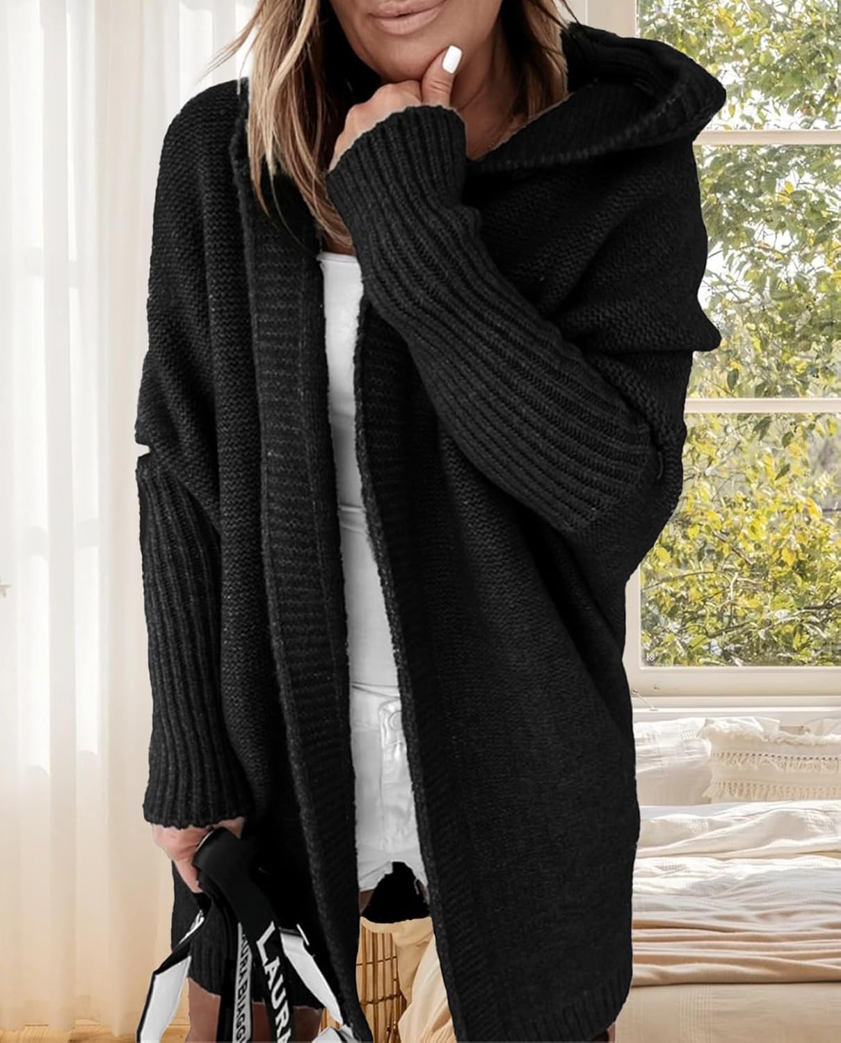 Knitted Hooded Sweater for Womens Casual Open Front Cardigan Winter Sweater Batwing Sleeve Long Sweater Coats - Image 2