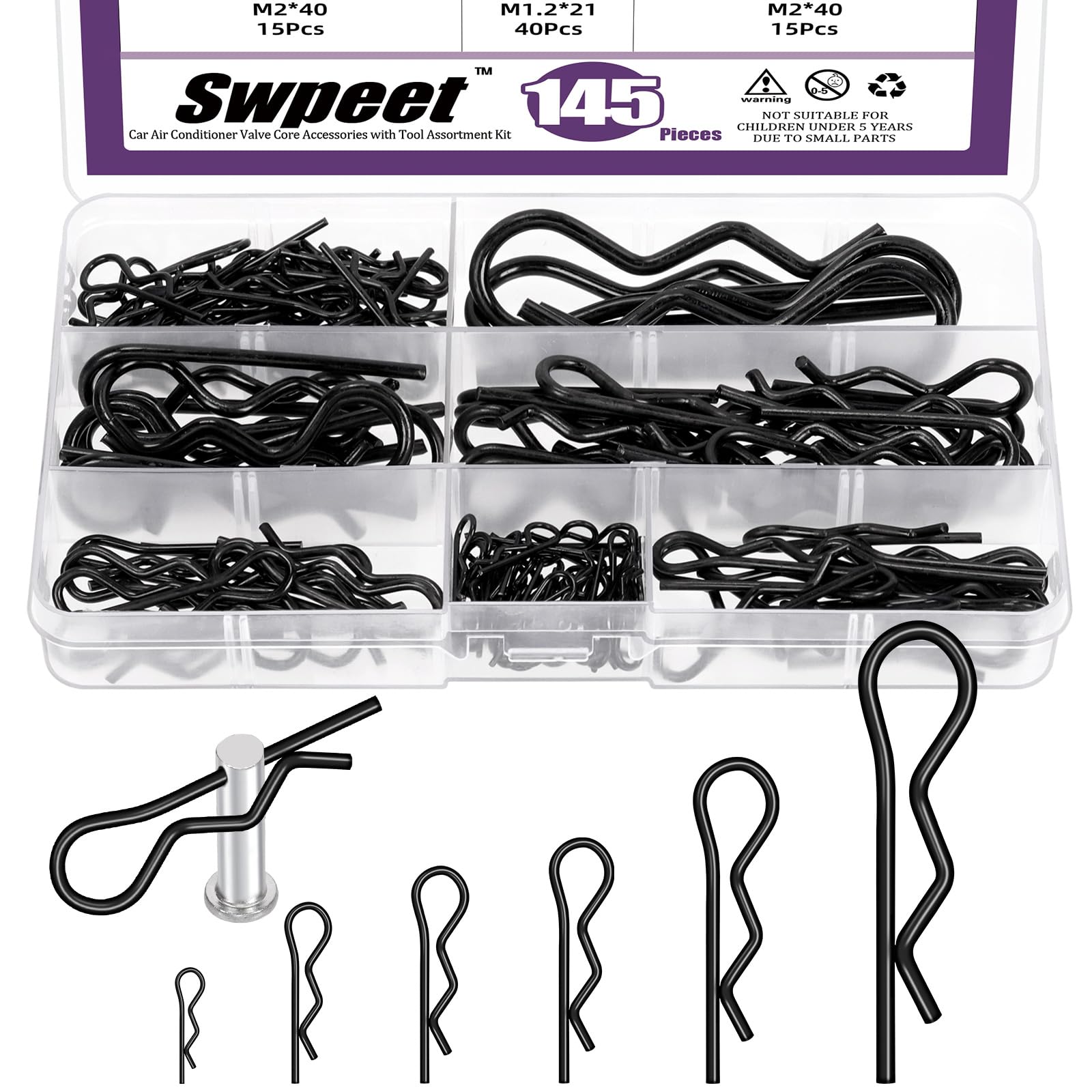 Swpeet 145Pcs 6 Sizes Black Zinc-plated Carbon Steel Cotter Pin Assortment Kit, Hitch Pin Clip, R Clips, Retaining Pins, Hair Pin, Hardware Pins, Spring Fastener for Dolly Pins Trailer Pin Clips