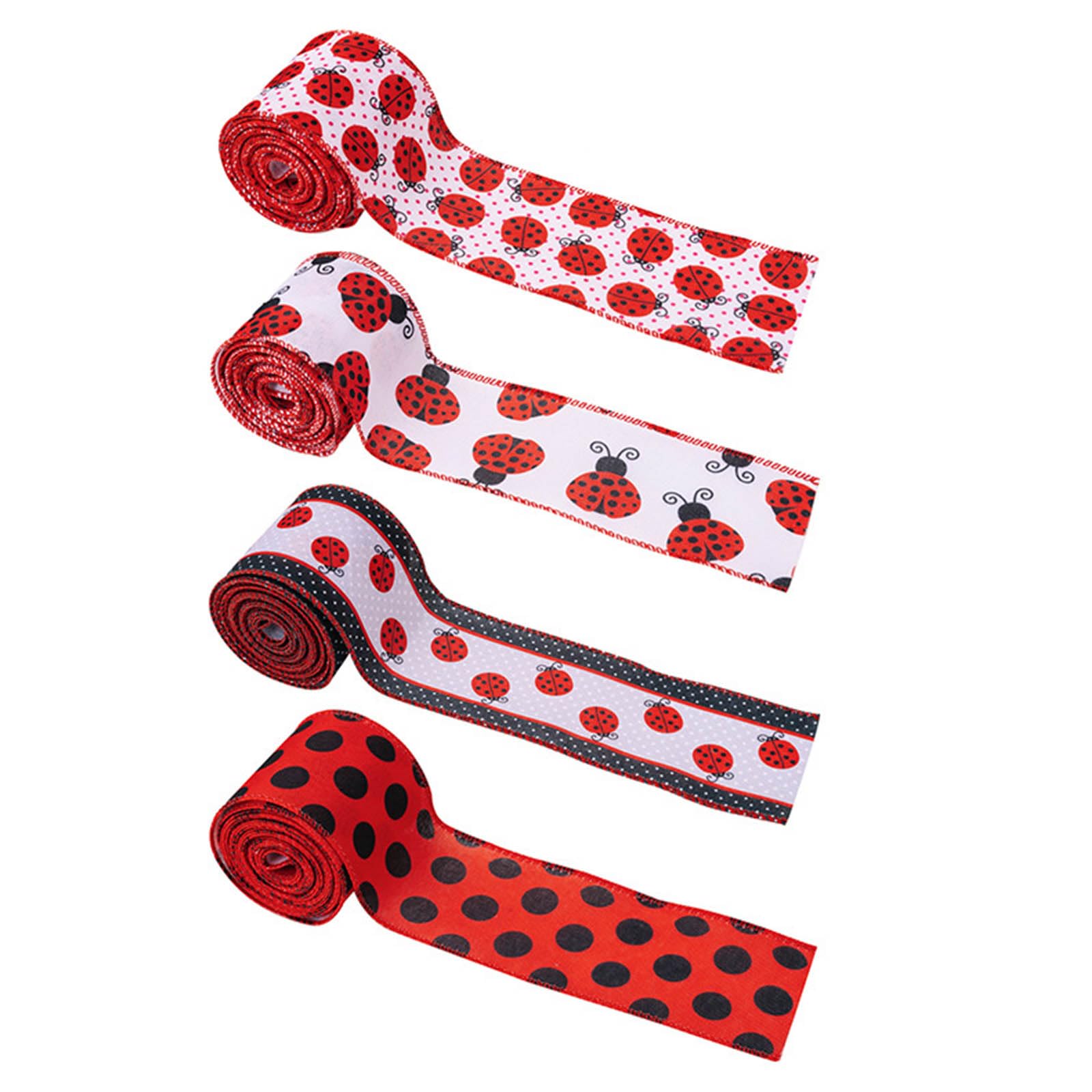 Chevnzev 4 Roll Ladybird Ribbon Labybug Ribbon For Wrapping Wreath Crafting Birthday Wedding Parties Decorations 5Yard/Roll