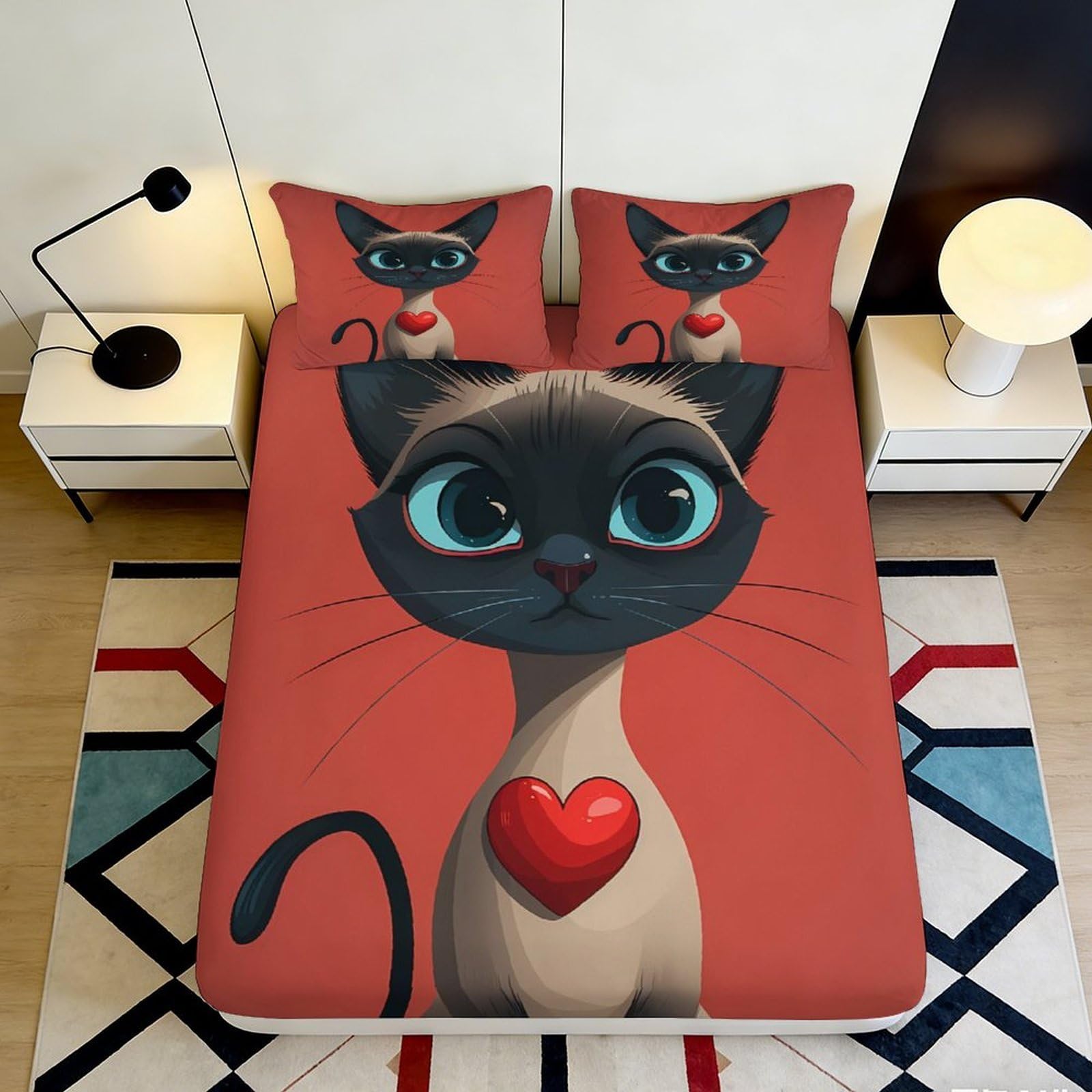 3D Printed Cute Siamese Cat Fitted Sheet Microfiber Anti-Slip Heart Art Mattress Cover for Bedroom Decor 120x200x25cm