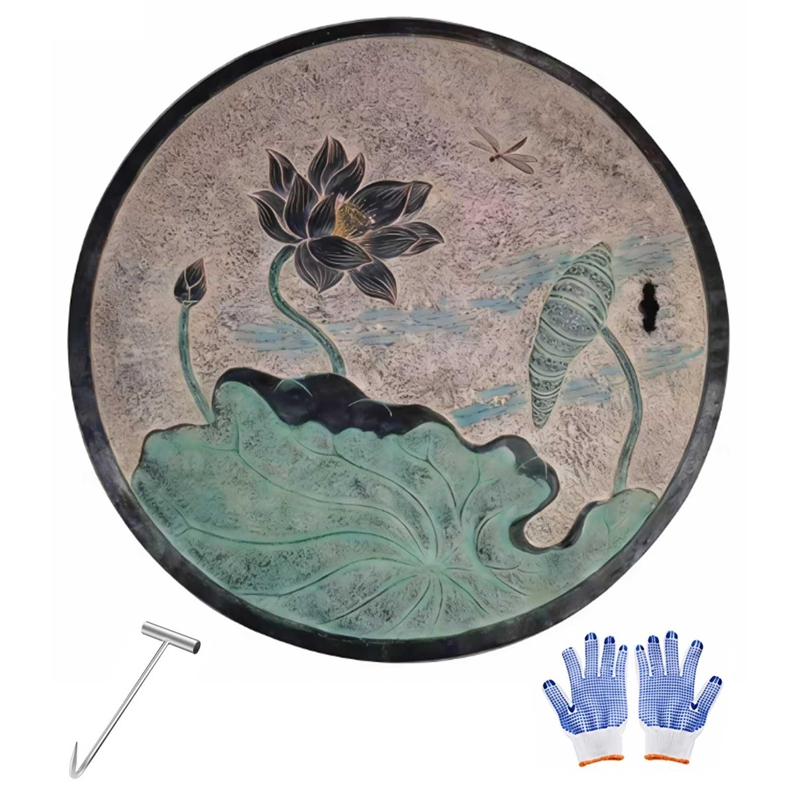 Coperchio del Tombino Decorative, Chiusino Pozzetto e Telaio Quadrati Rotondo con Foro di Sollevamento e Gancio, Fibra di Carbonio per Cortile, Giardino, Pavimentazione(60cm/24in)