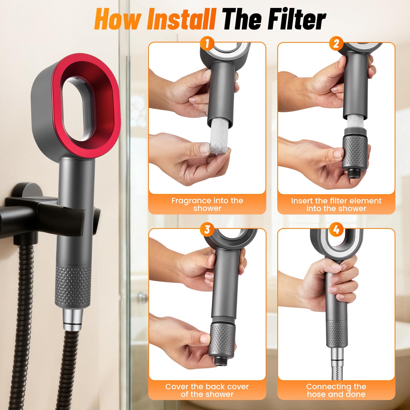Filtersonic 3 en 1 Shower Head Doodle, cabezal de ducha de masaje de alta presión contra la cal, elimina el cloro residual del agua dura y los metales pesados + accesorios (gris)