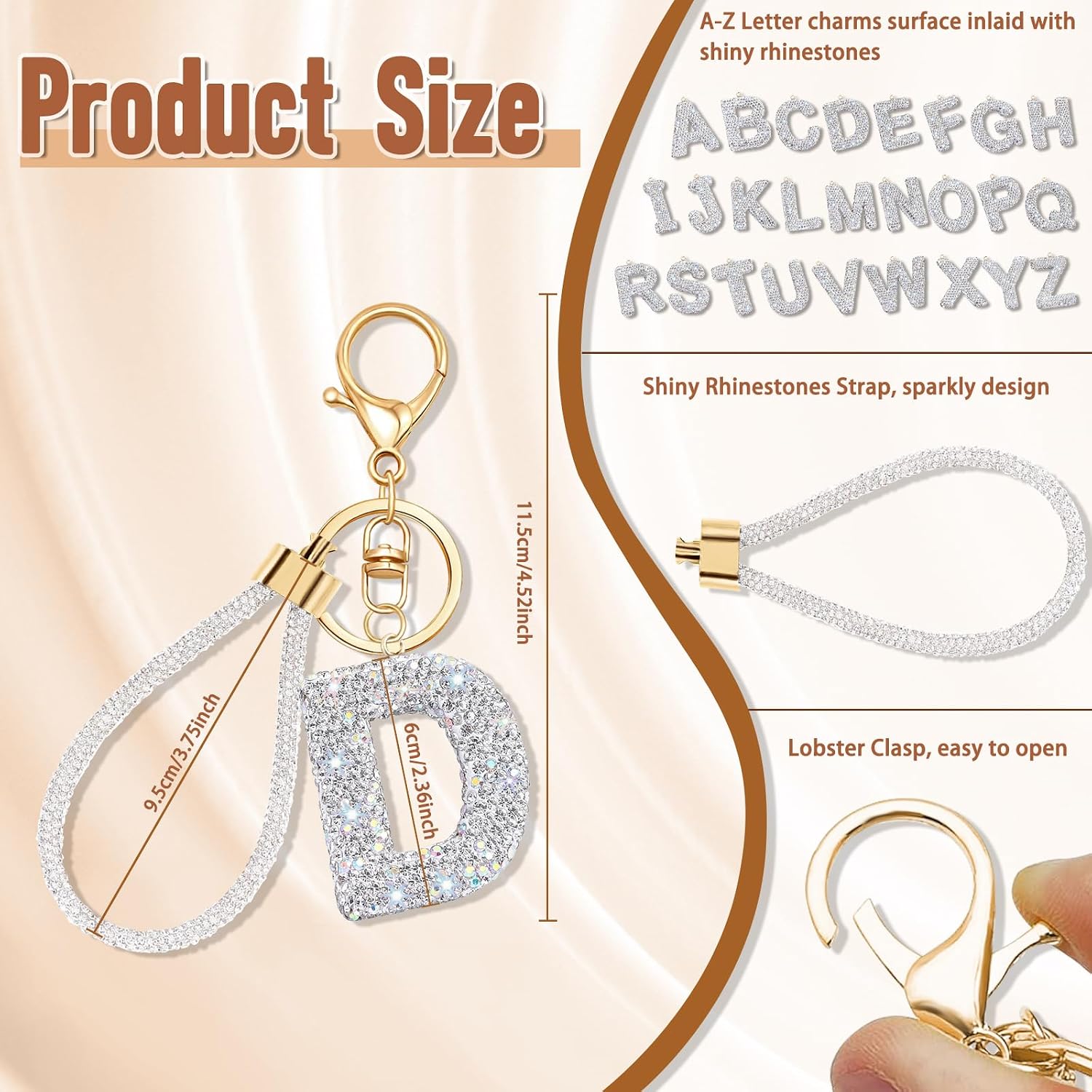 White Initial Letter Keychain Gifts for Women,Bling Rhinestones Alphabet A-Z Letter Key Chain with Wristlet for Car Key image 2