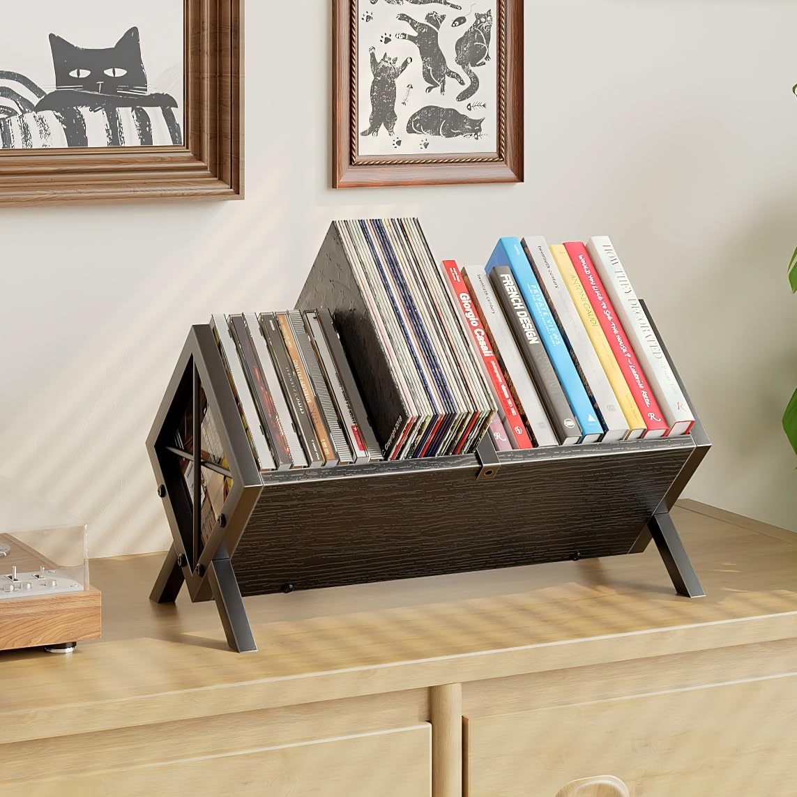 MIN WIN Schallplatten Aufbewahrung, Schallplatten Regal Aufbewahrung für bis zu 80 LPs, Bücherregal Klein, Schreibtisch Regal für Bücher und Magazine
