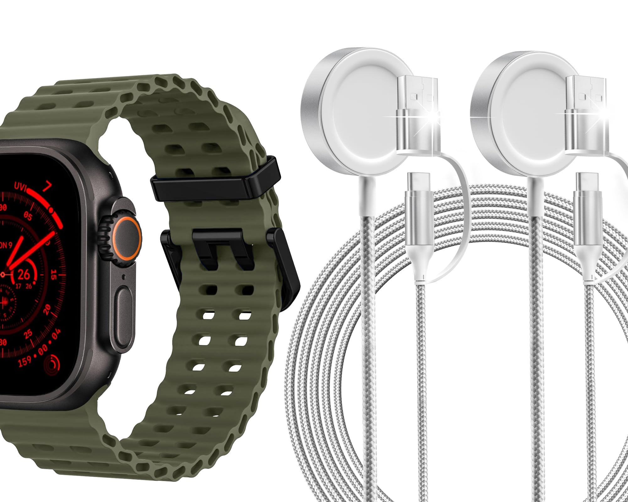 1 Pack for Apple Watch Ocean Silicone Sport Ultra 2/Ultra Band, 2 Pack Apple Watch Charger, Magnetic Wireless Fast Wireless Charging Cord Cable for USB C/USB A